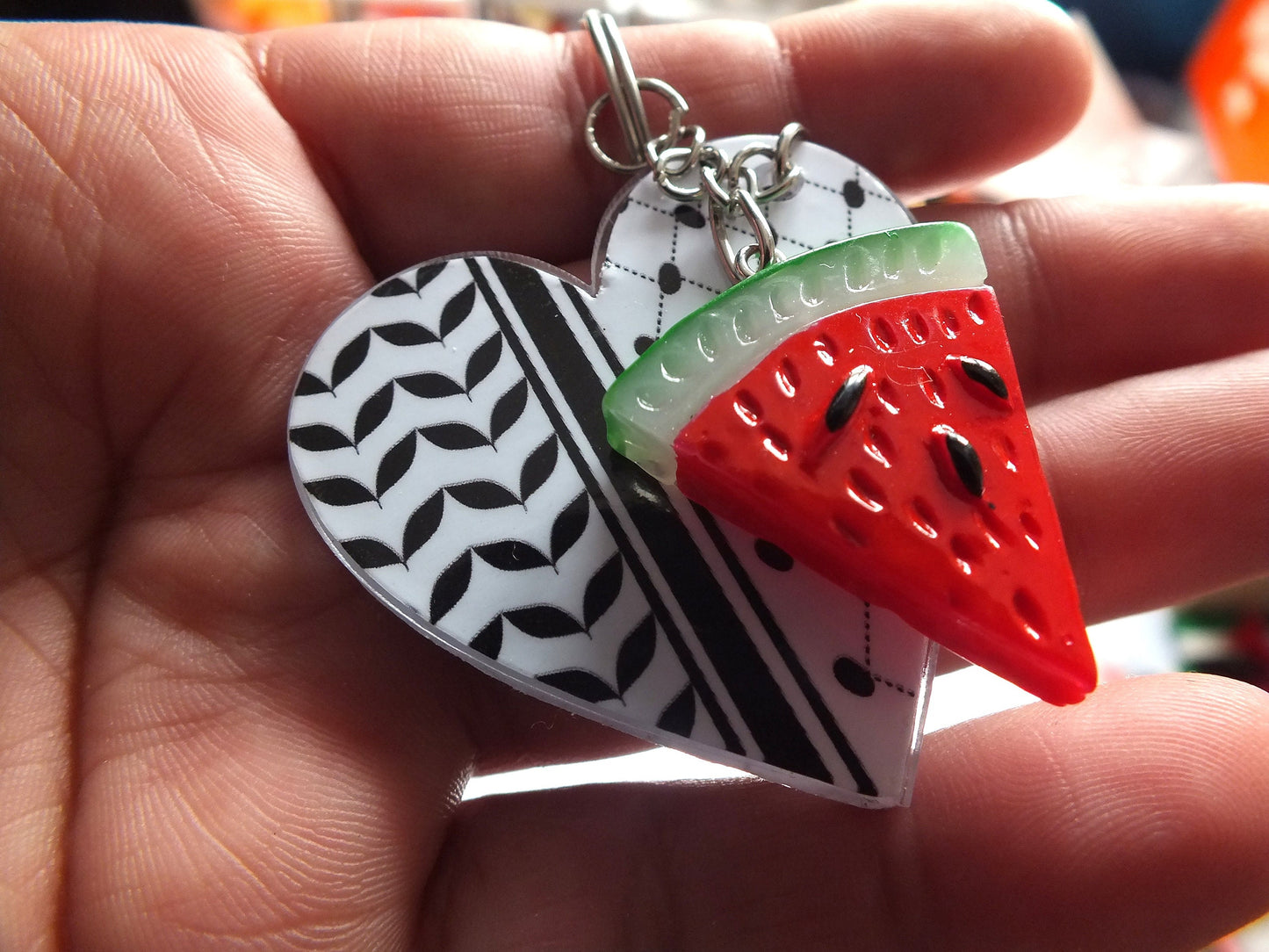 Pro Palestine Activist Keychain – Palestinian Heart in Keffiyeh Print + Watermelon Symbol Charms - Social Justice Conscious Gift