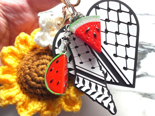 Free Palestine Keyring with Floral Charms - Keffiyeh Embroidery Pattern Charms with Map of Palestine and Watermelon - Proceeds to Gaza