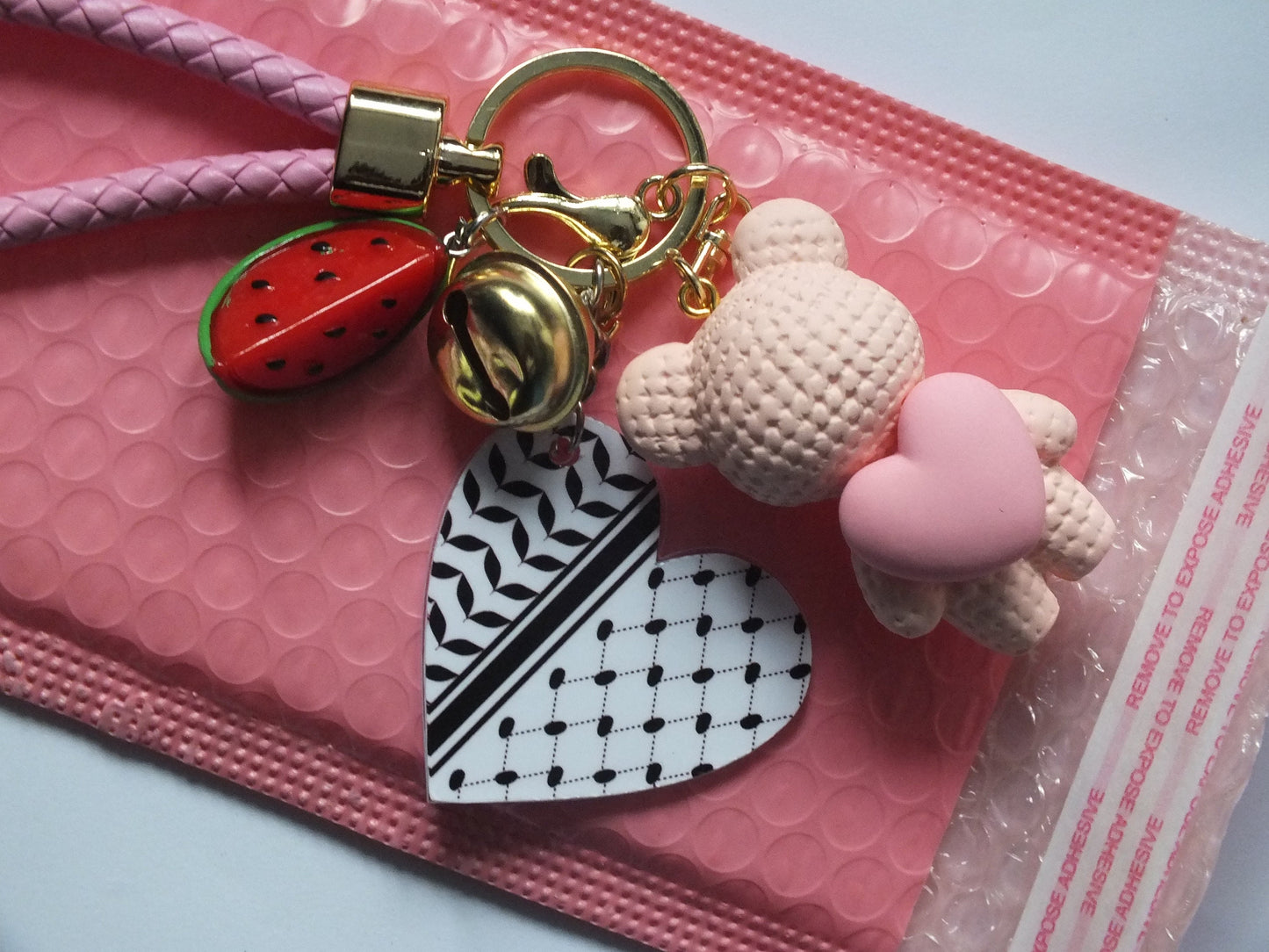 Teddy Bear with Heart Keychain for Palestine – Keffiyeh Pattern + 3D Watermelon Enamel Charm – Gift for Gaza Supporters for Charity