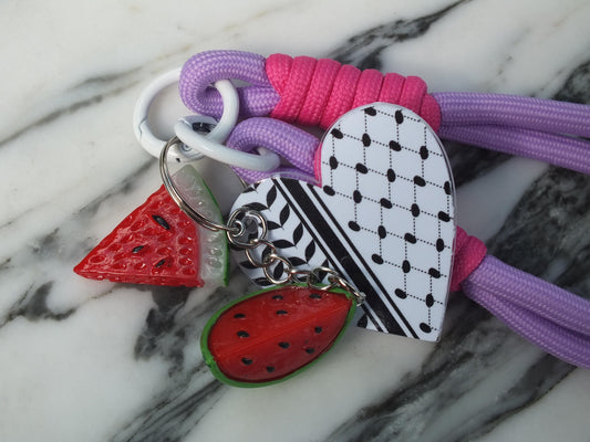 Palestine Car Keychain - Palestinian Symbol Keychain – Heart with Keffiyeh & Watermelon – Handmade Political Gift for Gaza Charity