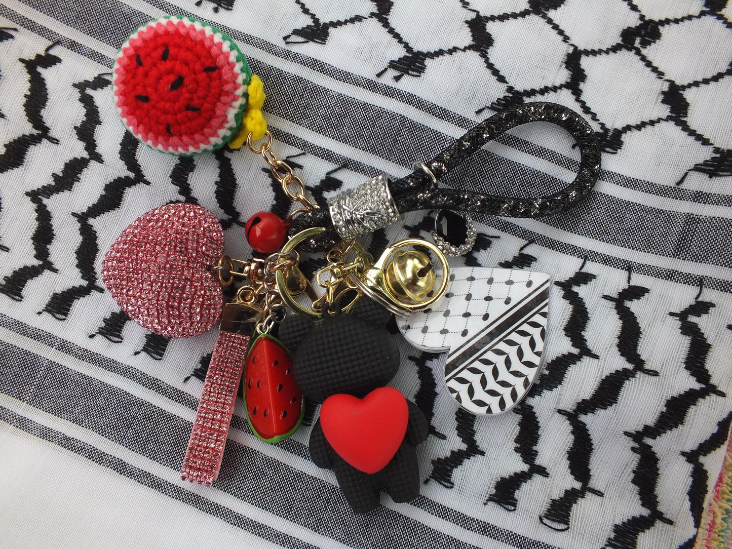 Cute Pro Palestine Keychain – Watermelon Enamel & Keffiyeh Acrylic Heart - Teddy Bear with Love Heart Bag Charm - Handmade Political Gift