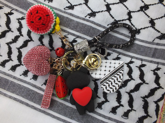 Cute Pro Palestine Keychain – Watermelon Enamel & Keffiyeh Acrylic Heart - Teddy Bear with Love Heart Bag Charm - Handmade Political Gift
