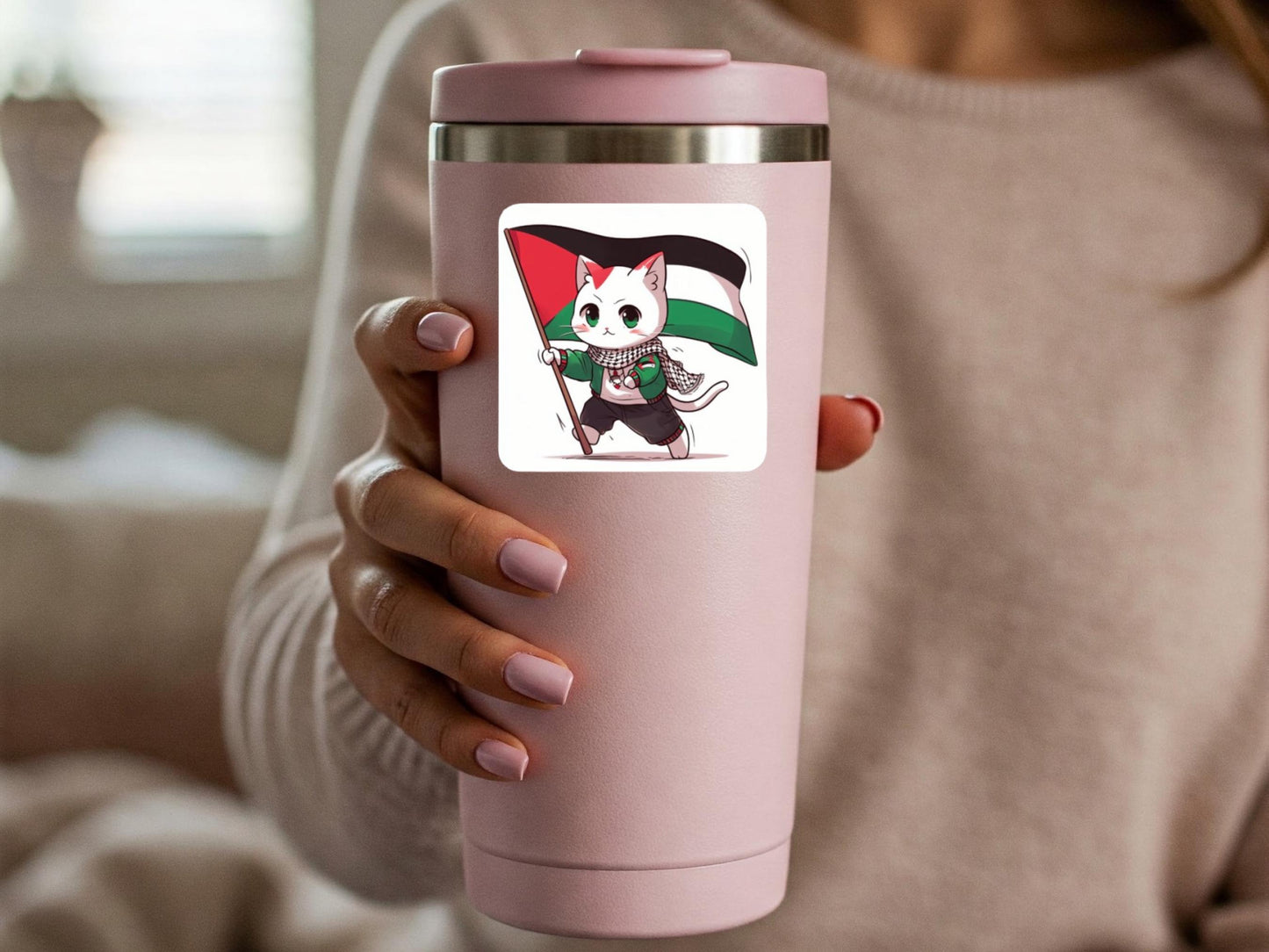 Palestinian Flag Decal – Glossy Vinyl Sticker for Car, Water Bottle, Laptop – Support Freedom of Gaza with Palestine Cat with Keffiyeh Decal