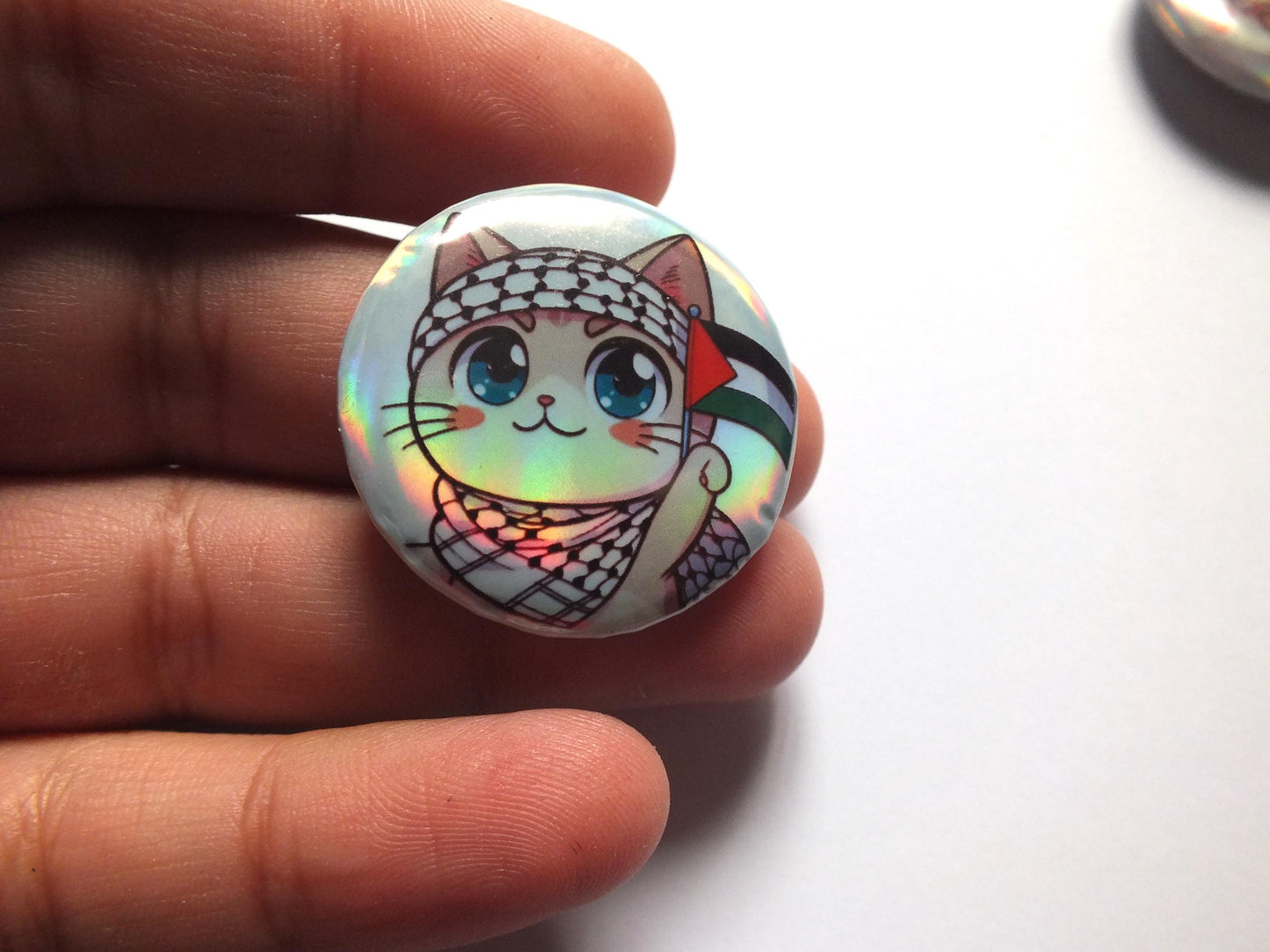 Palestine Cat Activist Pin – Watermelon & Keffiyeh Palestine Flag Design – Cute Resistance Gift Idea - Holographic Pins for Gaza