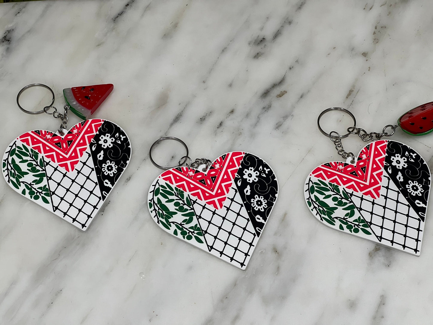 Palestinian Flag Keychain - Resistance Keychain – Keffiyeh Print Heart + Enamel Watermelon – Cultural Activist Gift for Gaza Supporter