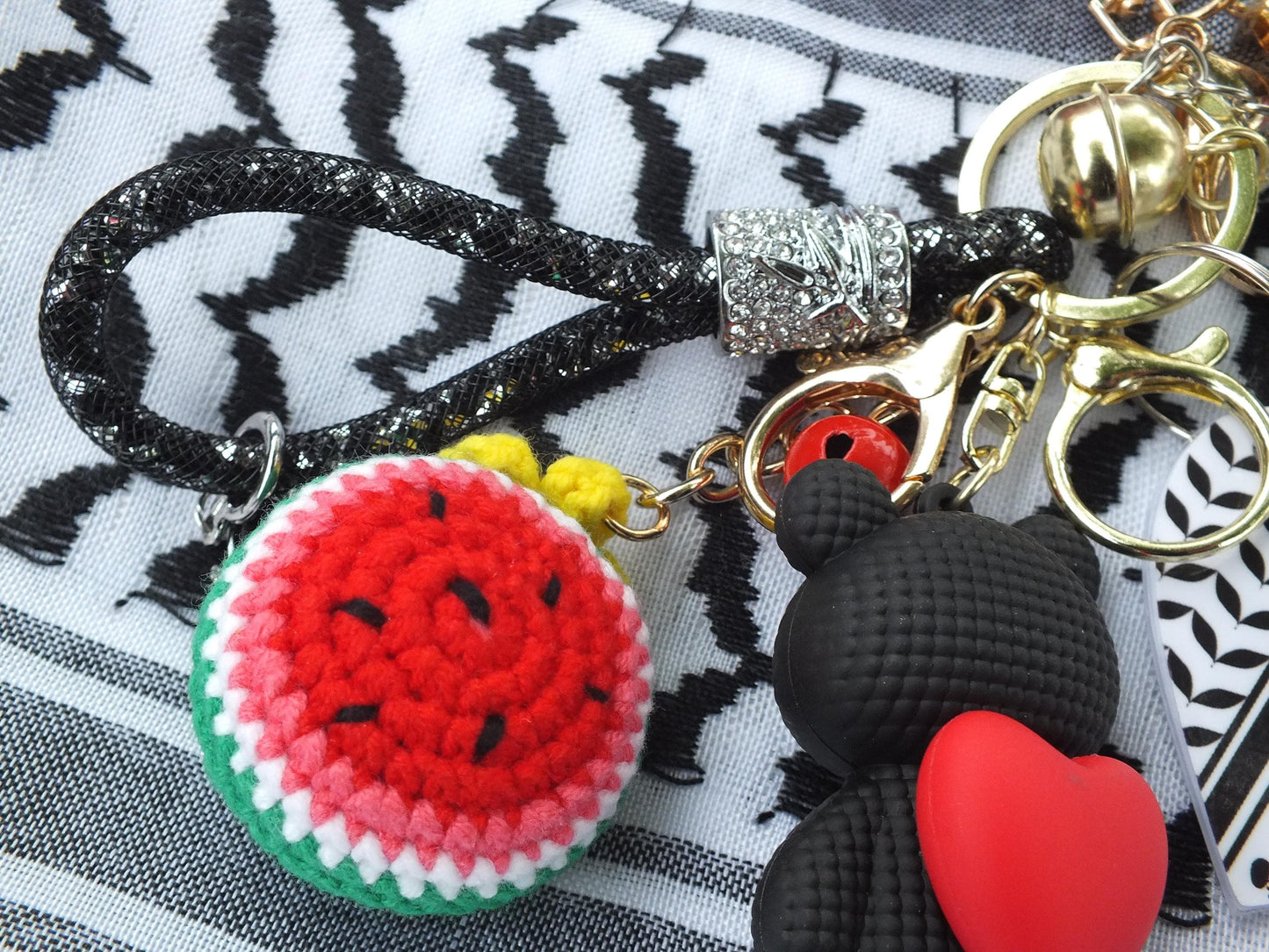 Cute Pro Palestine Keychain – Watermelon Enamel & Keffiyeh Acrylic Heart - Teddy Bear with Love Heart Bag Charm - Handmade Political Gift