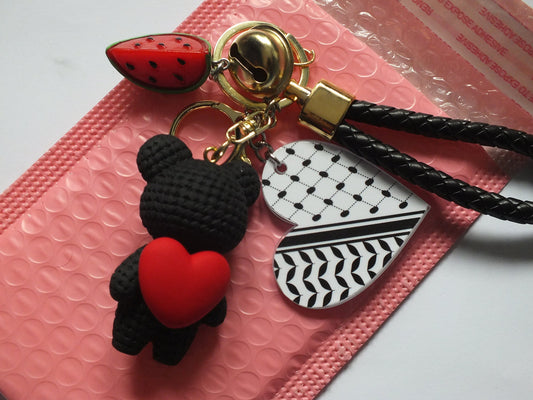 Teddy Bear Keychain – 3D Watermelon Charm, Acrylic Heart with Kuffiya Pattern, Palestinian Symbol Keyring, Gift for Activists