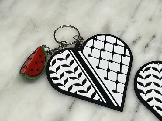 Palestine Keyring - Solidarity with Gaza Keychain – Keffiyeh Heart and Watermelon Charm – Palestine Symbol Gift - Palestinian Heritage Print
