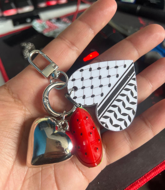 Love Heart Keyring for Palestine Supporter - Protest Keychain – Palestine Keffiyeh Heart + Watermelon – Handmade Activist Gift