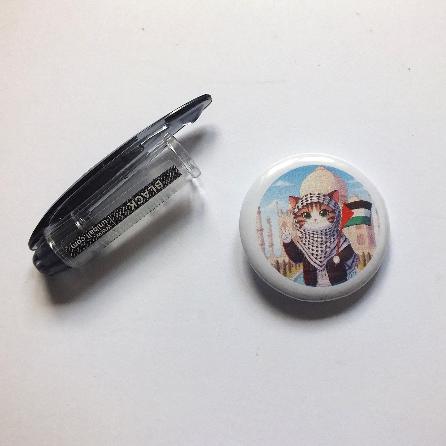 Round Metal Pin for Gaza – Cat with Palestinian Flag and Watermelon – Protest Art with Cute Twist - Activist Metal Badge for Backpack