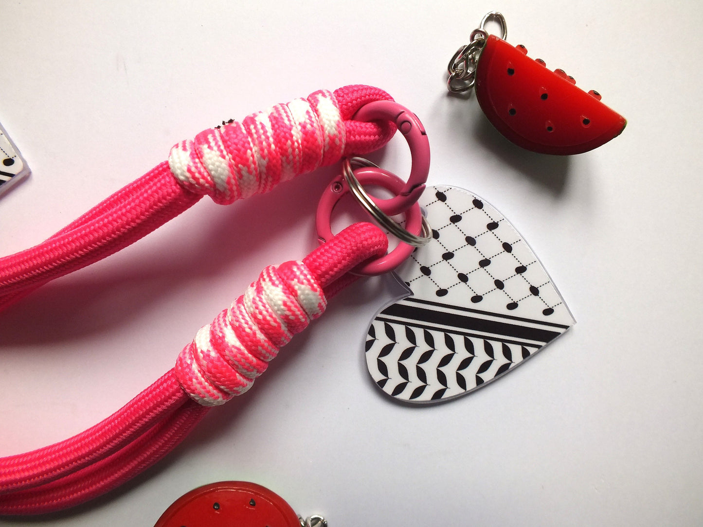 Palestine Keychain – Heart-Shaped Keffiyeh Acrylic + Watermelon Charm – Activist Gift - New Car Gift for Pro Palestinian - Pink Keyring