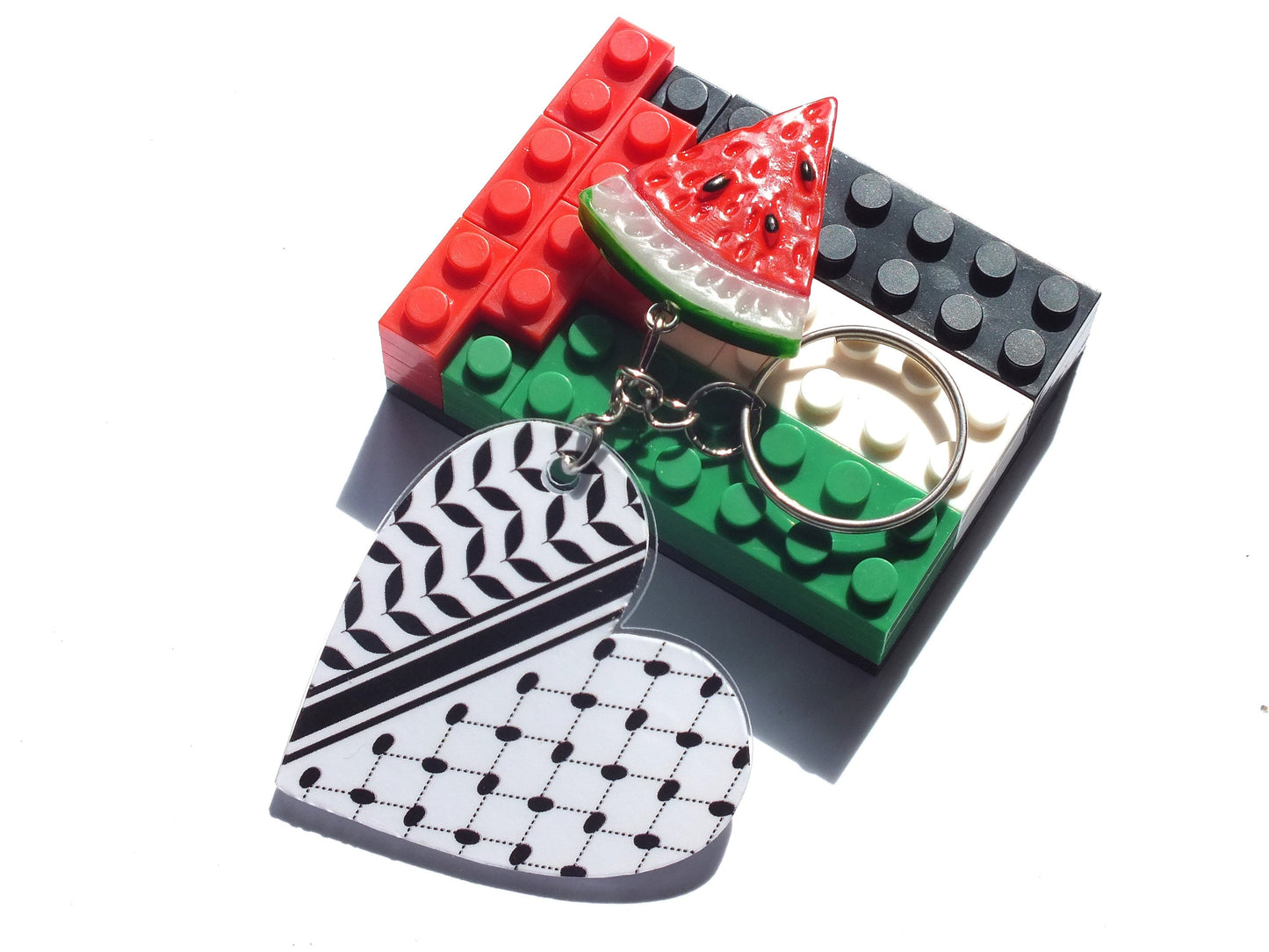 Pro Palestine Activist Keychain – Palestinian Heart in Keffiyeh Print + Watermelon Symbol Charms - Social Justice Conscious Gift