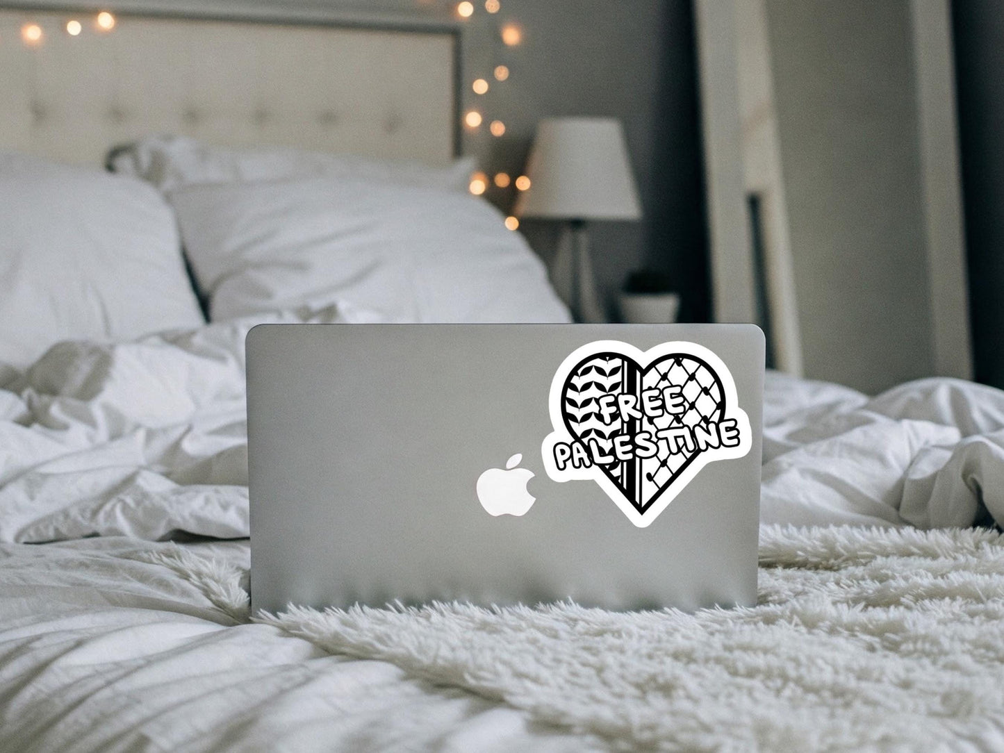 Black White Free Palestine Kuffiya Heart Sticker – Waterproof Vinyl Decal or Splashproof Sticker | Palestinian Pattern Car Laptop Decal