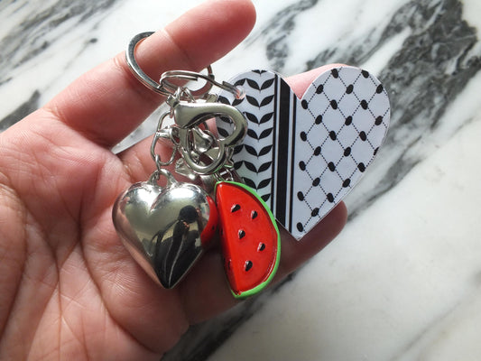 Chrome Love Heart Keychain for Pro Palestinian Activist - Keffiyeh Pattern + Watermelon Enamel Charm – Gift for Supporters and Activists
