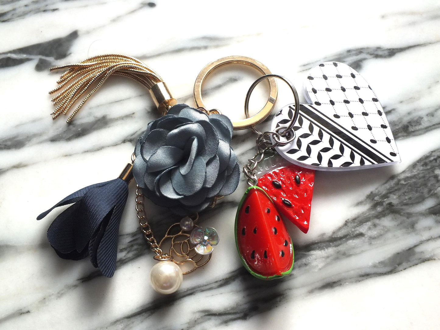 Watermelon Keyring with Keffiyeh Charms for Palestine - Cute Flower Keychain – Acrylic Keffiyeh Heart + Watermelon Charms – Conscious Gift