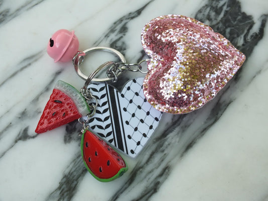 Soft Plushie Heart Keychain – Keffiyeh Pattern with Watermelon Charm – Pro Palestine Gift Idea - Red Heart Keyring for Activist Supporter