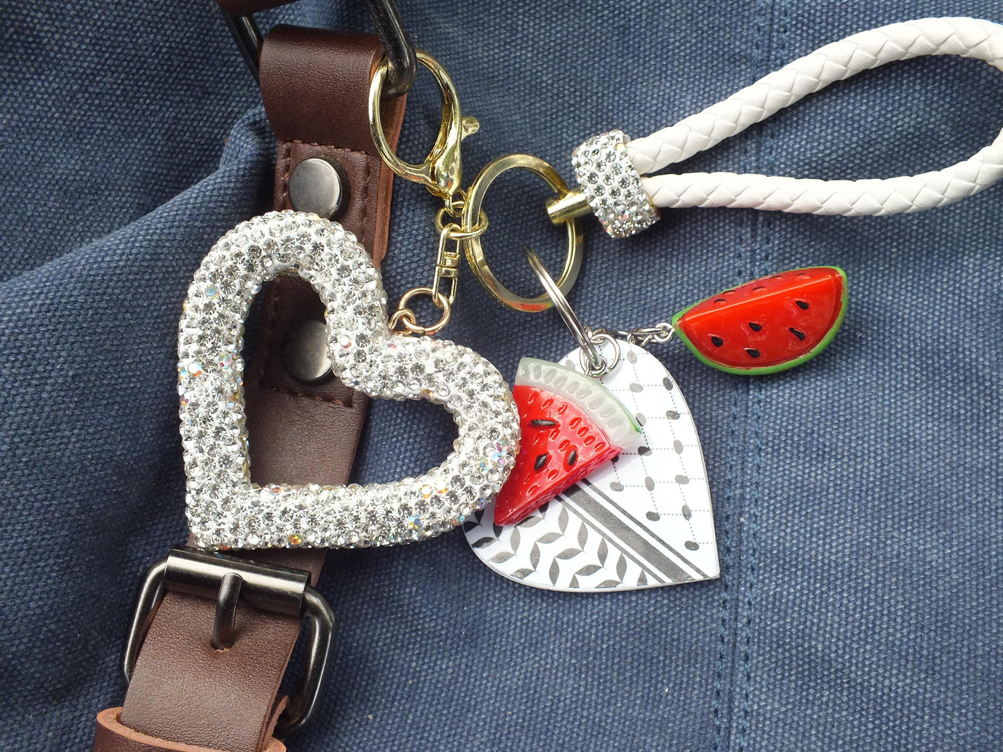 Palestine Keychain – Heart-Shaped Keffiyeh Acrylic + Watermelon Charm – Activist Gift with Love Heart Bag Charm - Gift for Supporter