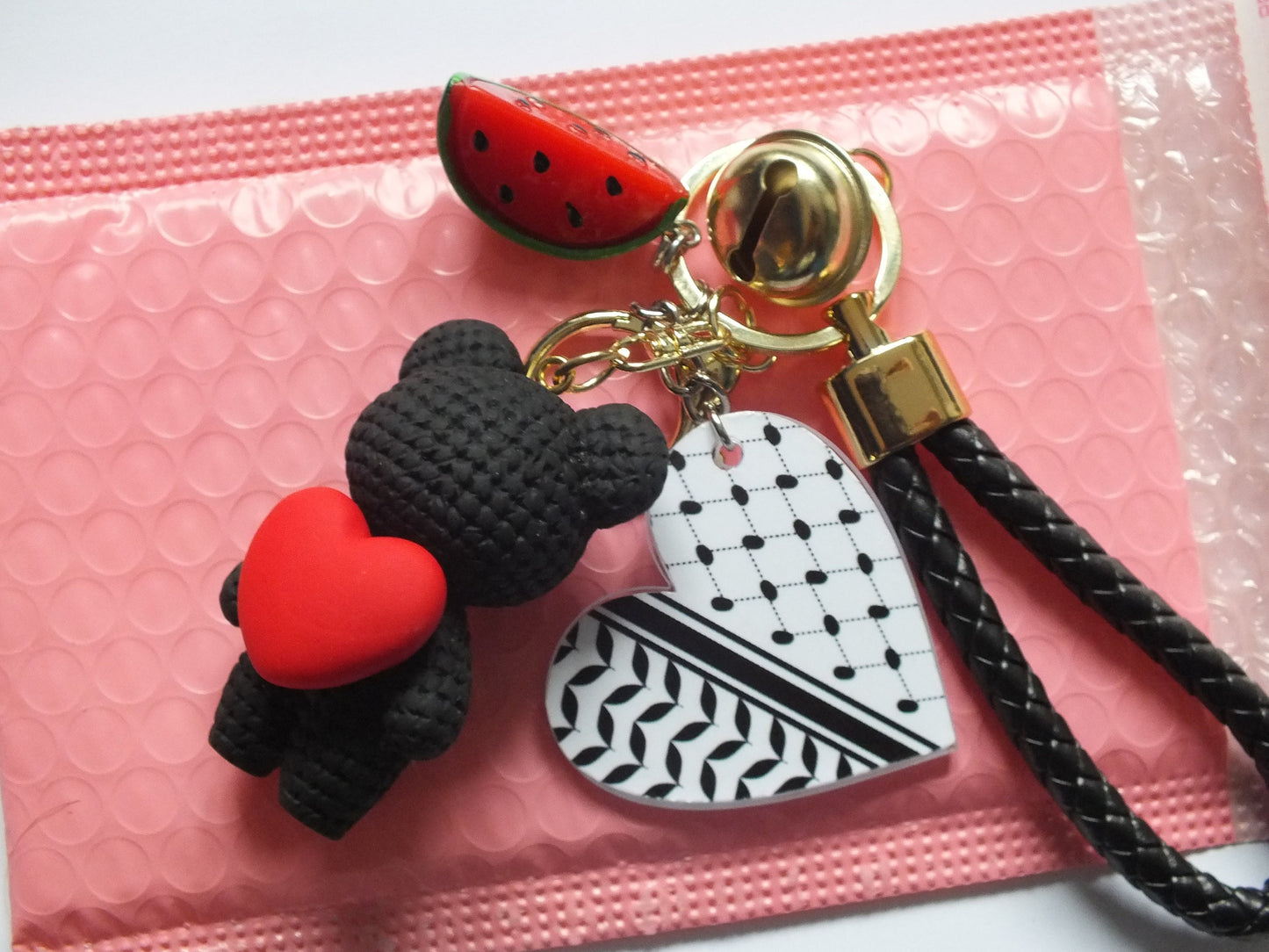Palestine Keffiyeh Embroidery Pattern Keychain Valentines Teddy Bear Love Heart Keyring Palestinian Watermelon Purse Accessories Free Gaza