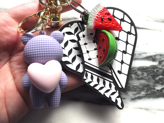 Keyring for Palestine with Watermelon Charms - Keffiyeh Heart & Teddy Bear - Free Palestine Keyring Gift - Palestinian Bag Charms for Gaza
