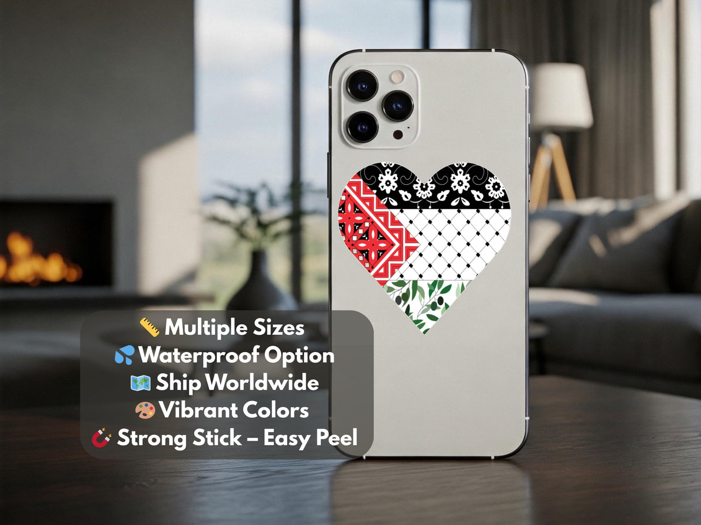 Glossy Keffiyeh Heart Decal – Palestine Flag Colors Vinyl Sticker for Phone Case, Laptop, Water Bottle – Resistance Symbol for Activist