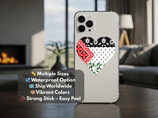 Glossy Keffiyeh Heart Decal – Palestine Flag Colors Vinyl Sticker for Phone Case, Laptop, Water Bottle – Resistance Symbol for Activist