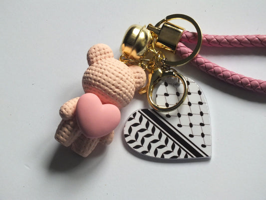 Teddy Bear with Heart Keychain for Palestine – Keffiyeh Pattern + 3D Watermelon Enamel Charm – Gift for Gaza Supporters for Charity