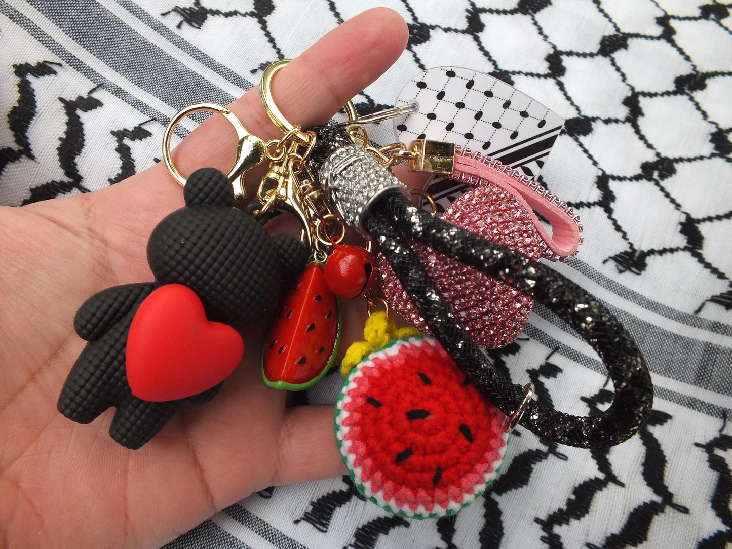 Cute Pro Palestine Keychain – Watermelon Enamel & Keffiyeh Acrylic Heart - Teddy Bear with Love Heart Bag Charm - Handmade Political Gift