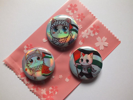 Palestine Cat Activist Pin – Watermelon & Keffiyeh Palestine Flag Design – Cute Resistance Gift Idea - Holographic Pins for Gaza