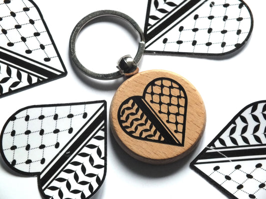 Wood Keychain for Palestine with Watermelon Charms - Keffiyeh Vinyl Keyring in Solidarity with Gaza - Proceeds donated to Charity