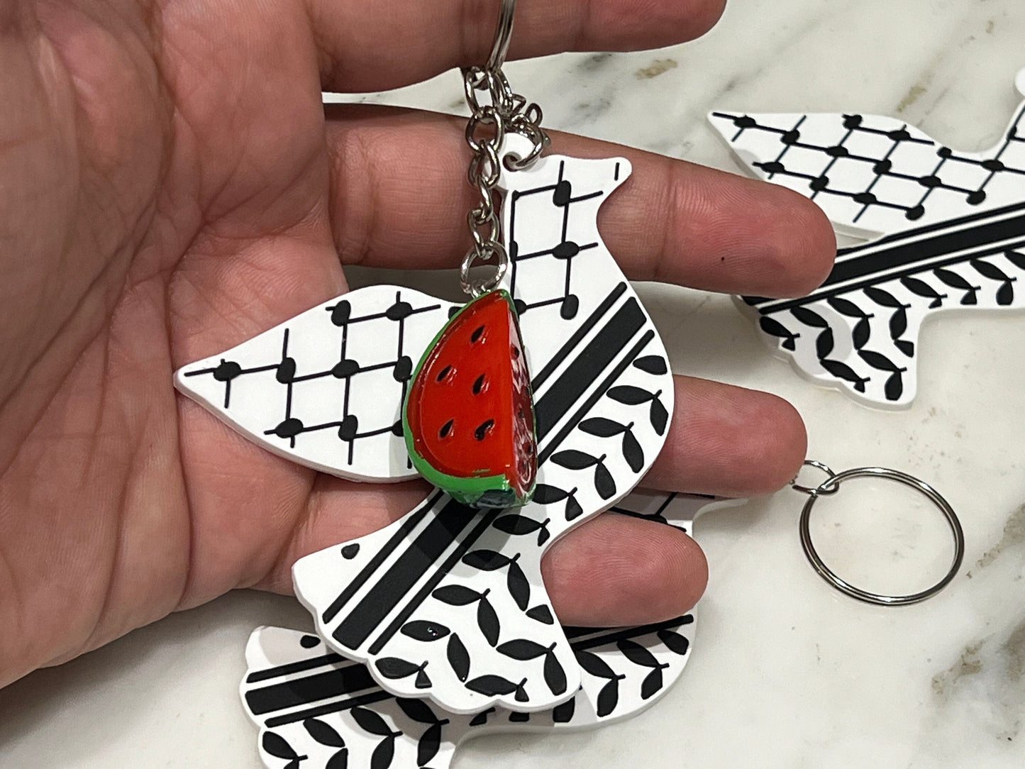 Peace Dove Keychain with Keffiyeh Pattern Charm - Activist Keychain – Palestine Heart in Keffiyeh Print + 3D Enamel Watermelon Charms