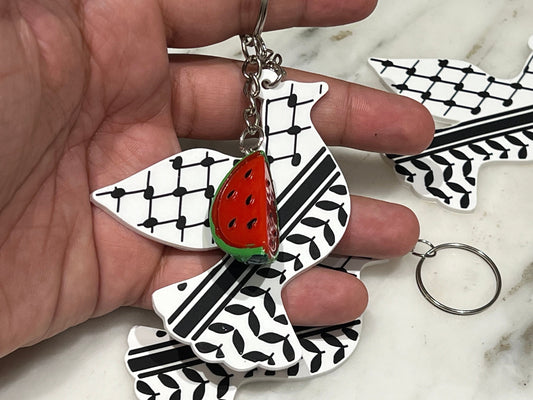 Peace Dove Keychain with Keffiyeh Pattern Charm - Activist Keychain – Palestine Heart in Keffiyeh Print + 3D Enamel Watermelon Charms