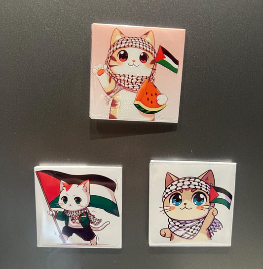 Resistance Art Magnet for Gaza – Free Palestine Fridge Decor with Keffiyeh Pattern and Watermelon Symbol - Palestine Cat Locker Magnet