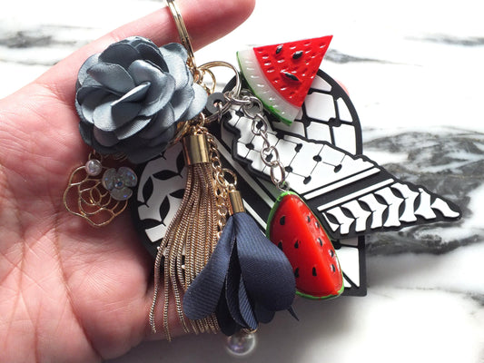 Watermelon Keyring with Keffiyeh Charms for Palestine - Cute Flower Keychain – Acrylic Keffiyeh Heart + Watermelon Charms – Conscious Gift