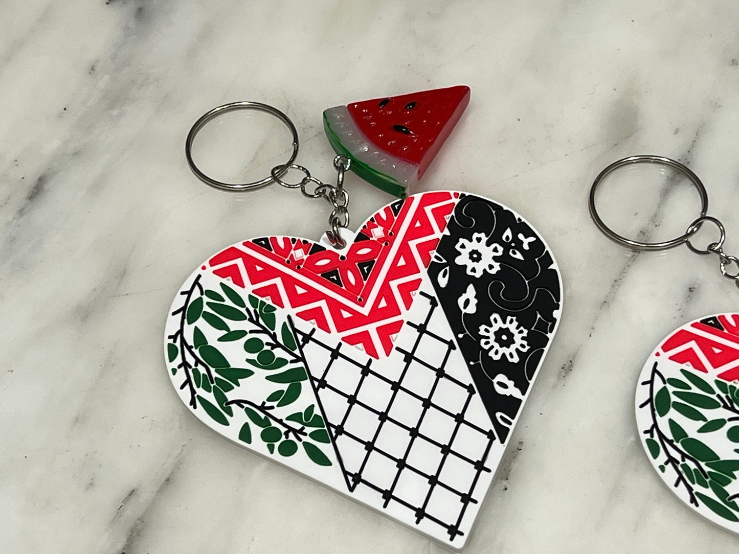 Palestinian Flag Keychain - Resistance Keychain – Keffiyeh Print Heart + Enamel Watermelon – Cultural Activist Gift for Gaza Supporter