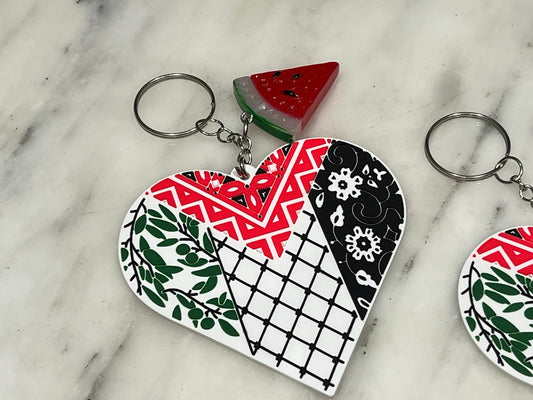 Palestinian Flag Keychain - Resistance Keychain – Keffiyeh Print Heart + Enamel Watermelon – Cultural Activist Gift for Gaza Supporter