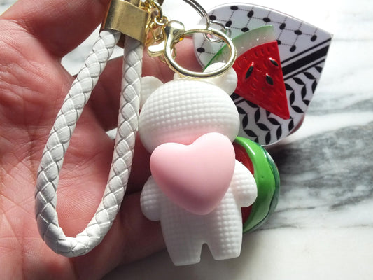 Palestinian Keyring with Love Heart Teddy Bear - Keffiyeh Pattern + Watermelon Enamel Charm – Gift for Supporter and Activists