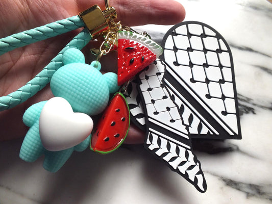 Teddy Bear Heart Keychain for Palestine – Keffiyeh Pattern + Watermelon Enamel Charms – Gift for Supporters and Activists for Gaza