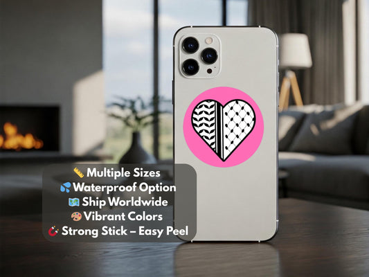 Die Cut Love Heart Keffiyeh Sticker – Activist Art for Laptop, Water Bottle, Car Window – Durable Glossy Resistance Symbol of Palestine