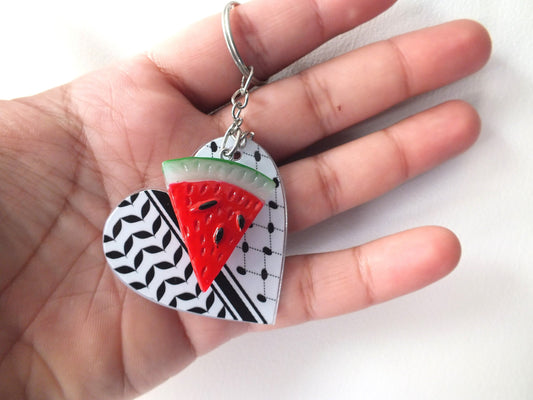 Pro Palestine Activist Keychain – Palestinian Heart in Keffiyeh Print + Watermelon Symbol Charms - Social Justice Conscious Gift