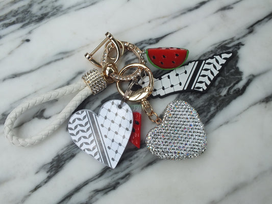 Acrylic Heart Keychain for Gaza – Keffiyeh Pattern with Watermelon Charms – Pro Palestine Gift Idea with Proceeds donated to Charity