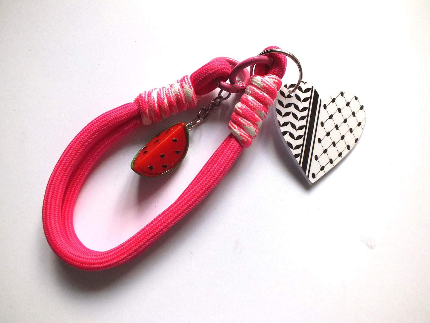 Palestine Keychain – Heart-Shaped Keffiyeh Acrylic + Watermelon Charm – Activist Gift - New Car Gift for Pro Palestinian - Pink Keyring