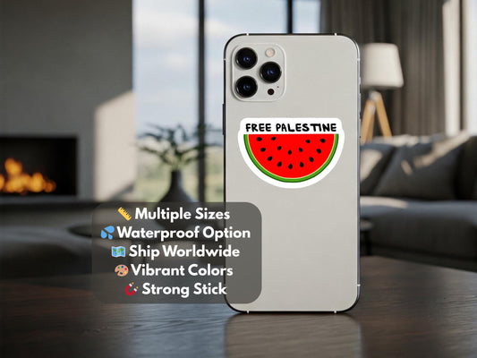 Free Palestine Watermelon Vinyl Decal - Waterproof and Splashproof Option - Perfect for Laptop, Water Bottle, Car Window, Bumper - Save Gaza