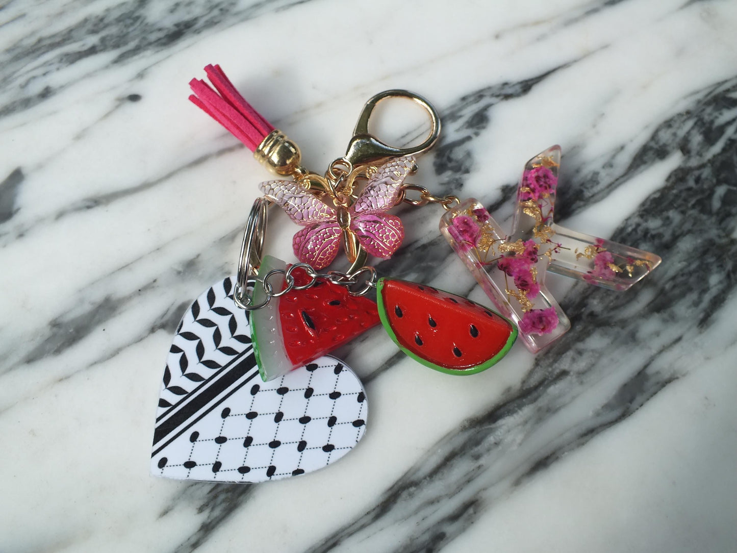 Resin Keychain with Initial for Palestine - Heart & Watermelon Keychain – Palestine Support Gift with Keffiyeh Art - Proceeds to Gaza