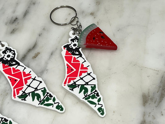 Palestinian Map and Flag Keyring – Heart-Shaped Keffiyeh Acrylic + Watermelon Charm – Activist Gift in Solidarity with Gaza