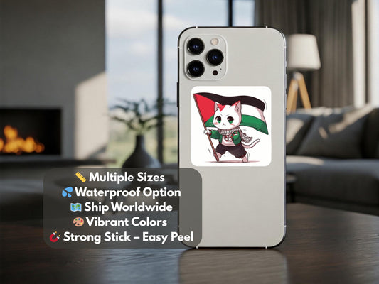 Palestinian Flag Decal – Glossy Vinyl Sticker for Car, Water Bottle, Laptop – Support Freedom of Gaza with Palestine Cat with Keffiyeh Decal