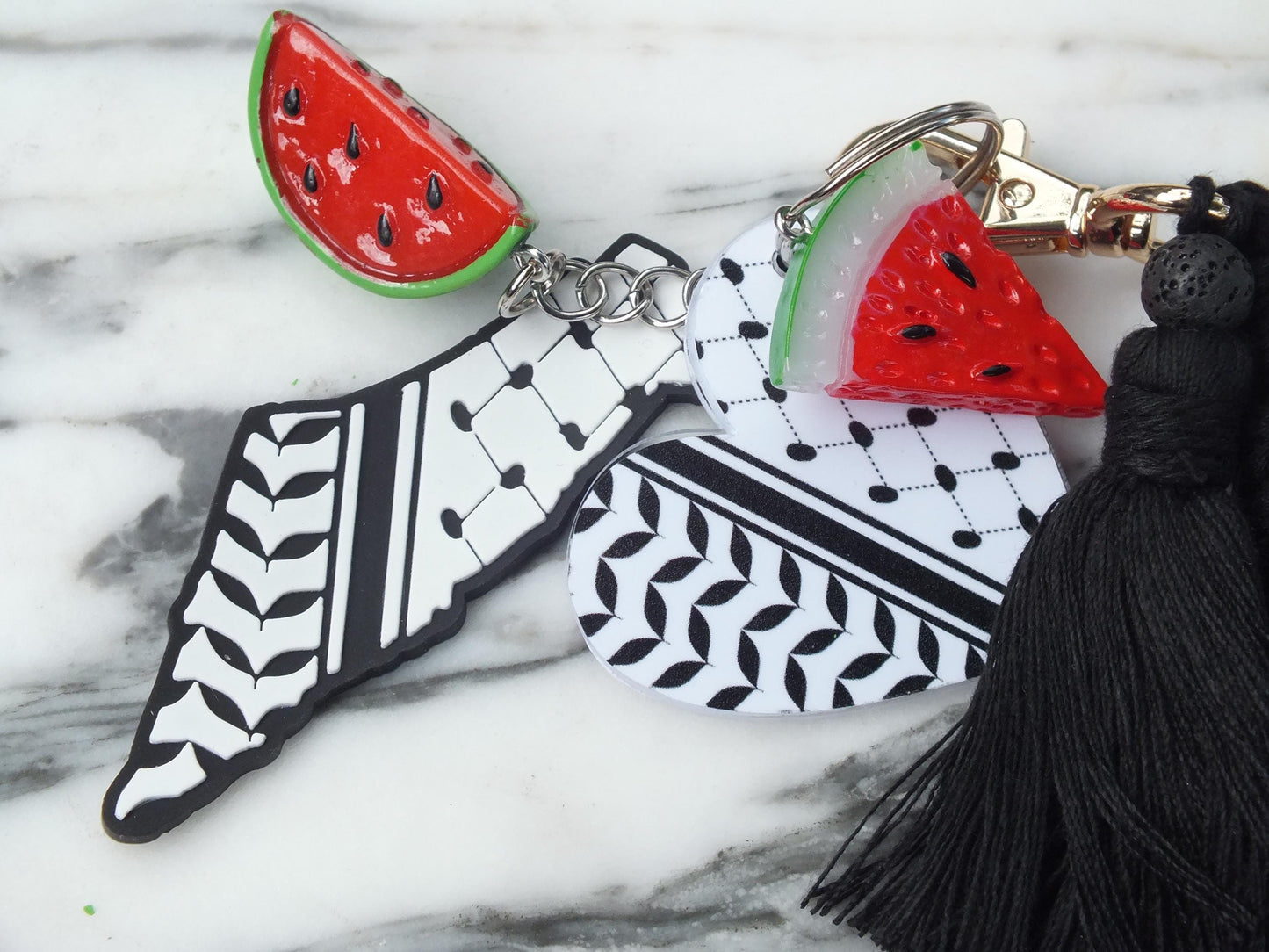 Pro Palestine Keychain – Cultural Heart Keychain – Keffiyeh Acrylic + Watermelon Charm – Stand in Solidarity with Palestine for Gaza