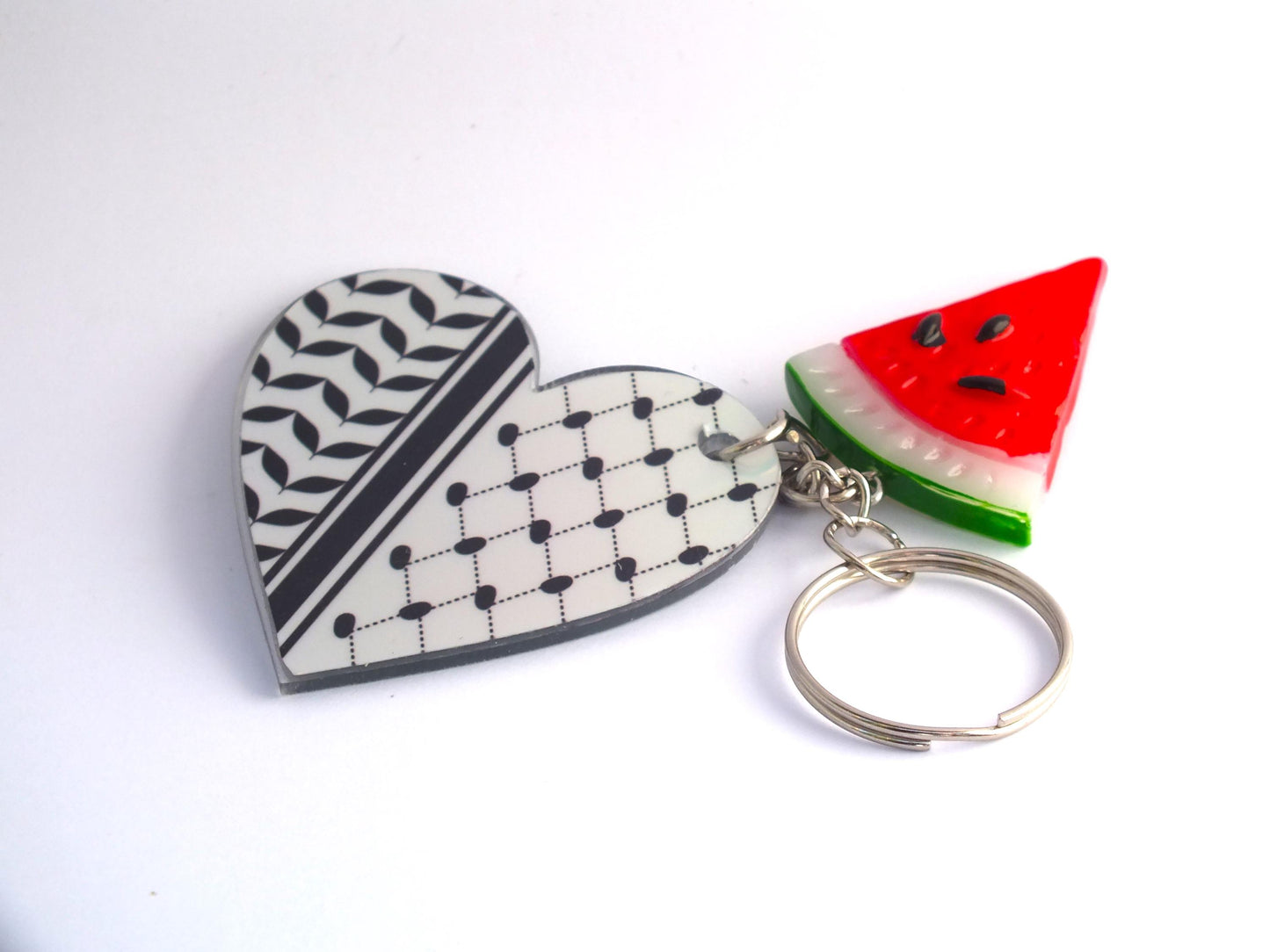 Palestine Watermelon Purse Accessories - Resistance Keychain – Keffiyeh Print Heart + Enamel Watermelon Charm – Cultural Activist Gift