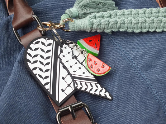 Pro Palestine Keychain – Cultural Heart Keychain – Keffiyeh Acrylic + Watermelon Charm – Stand in Solidarity with Palestine for Gaza