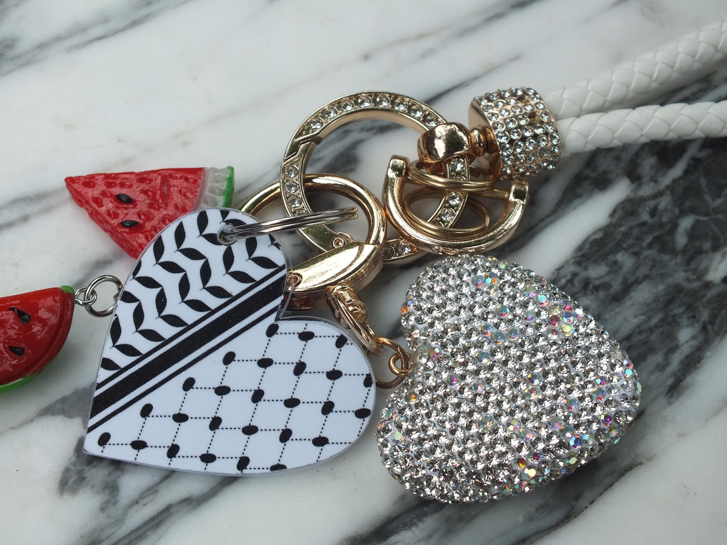 Acrylic Heart Keychain for Gaza – Keffiyeh Pattern with Watermelon Charms – Pro Palestine Gift Idea with Proceeds donated to Charity