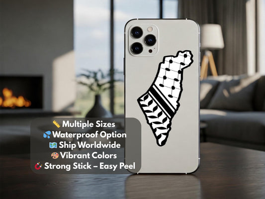 Black and White Keffiyeh Vinyl Sticker – Glossy Pro Palestine Symbol for Laptop, Car Windscreen, Water Bottle - Map of Palestine Sticker